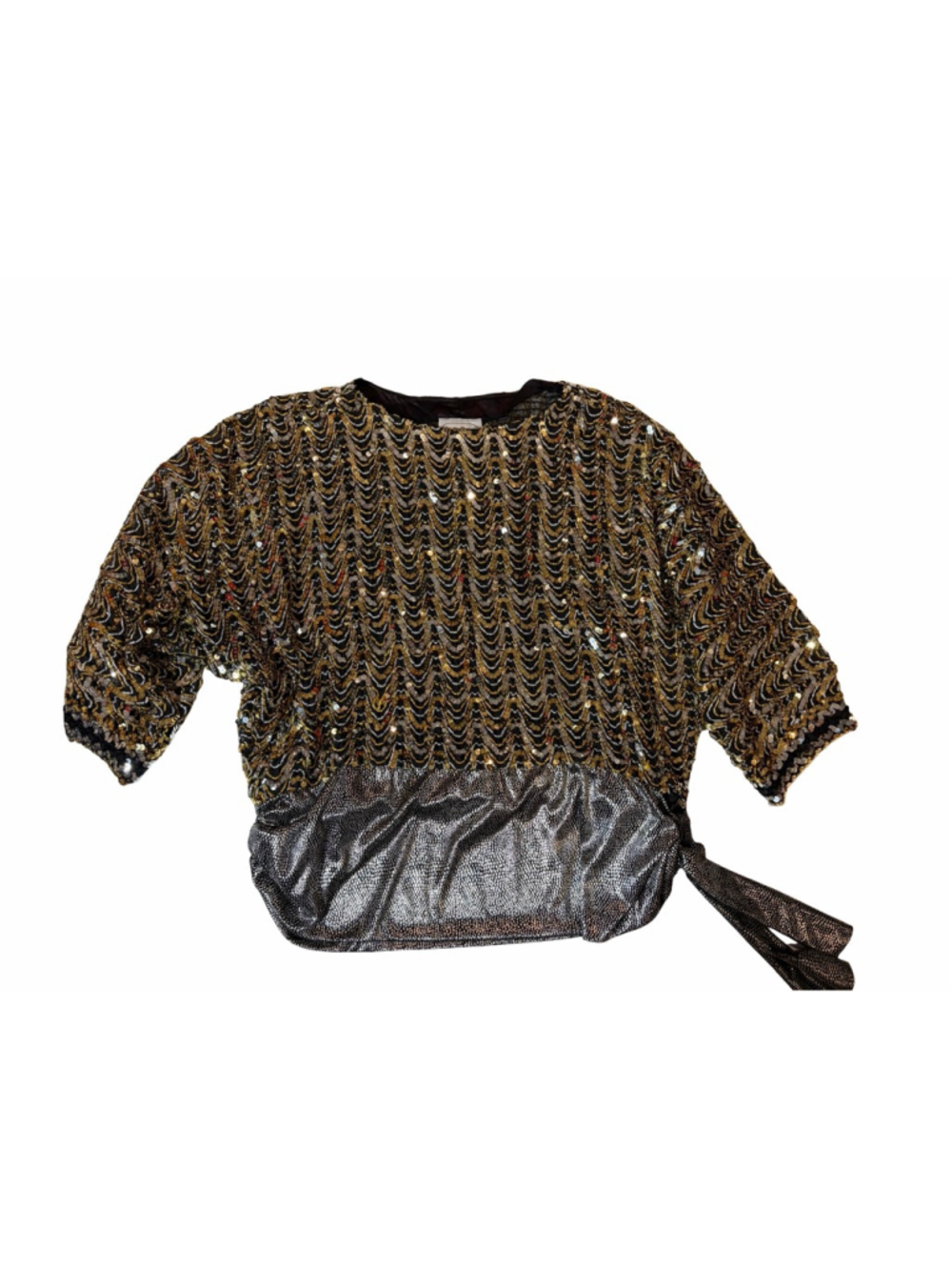 Vintage Three Flags California Sequin Beaded Top Gold Black Glam Disco Party L